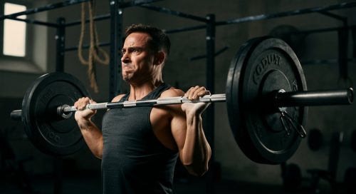 Eine athletische Person trainiert konzentriert mit einem 3er Split Trainingsplan im Gym.