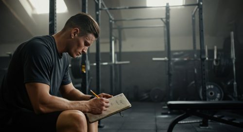 Athlet in einer Trainingspause blickt konzentriert auf seinen 4er Split Trainingsplan.