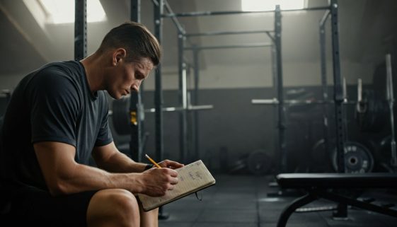 Athlet in einer Trainingspause blickt konzentriert auf seinen 4er Split Trainingsplan.