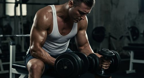 Erschöpfter, aber fokussierter Athlet im Fitnessstudio, Symbol für die Intensität eines 5er Split Trainingsplans.