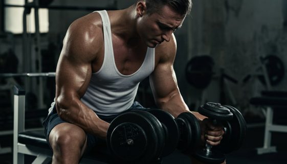 Erschöpfter, aber fokussierter Athlet im Fitnessstudio, Symbol für die Intensität eines 5er Split Trainingsplans.