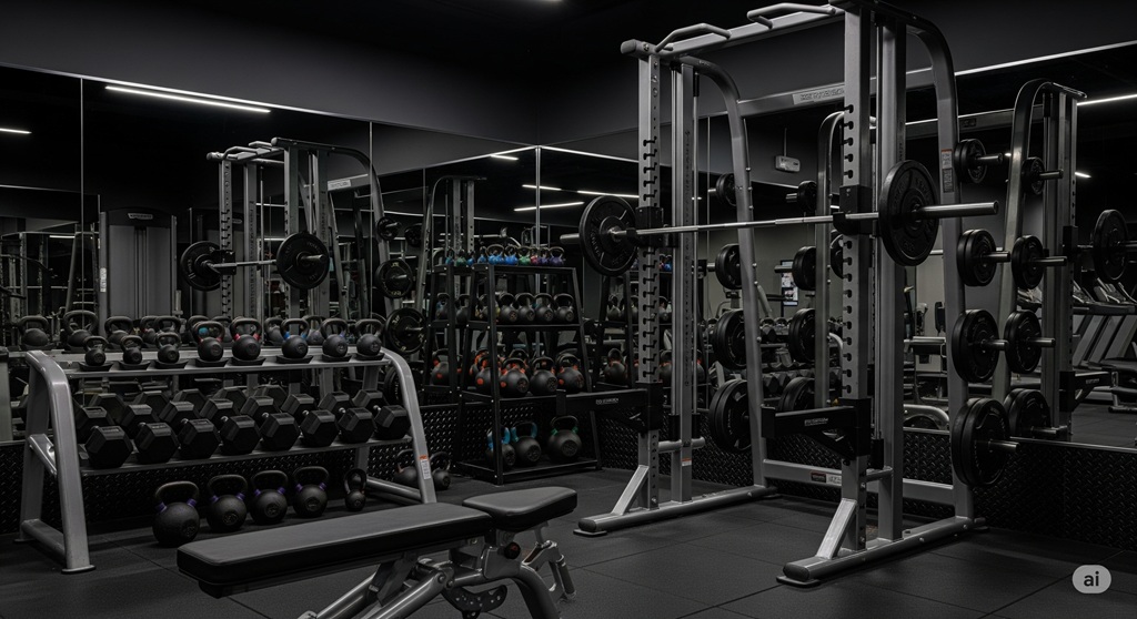Gut ausgestatteter Freihantelbereich in einem Fitnessstudio für Crosstraining