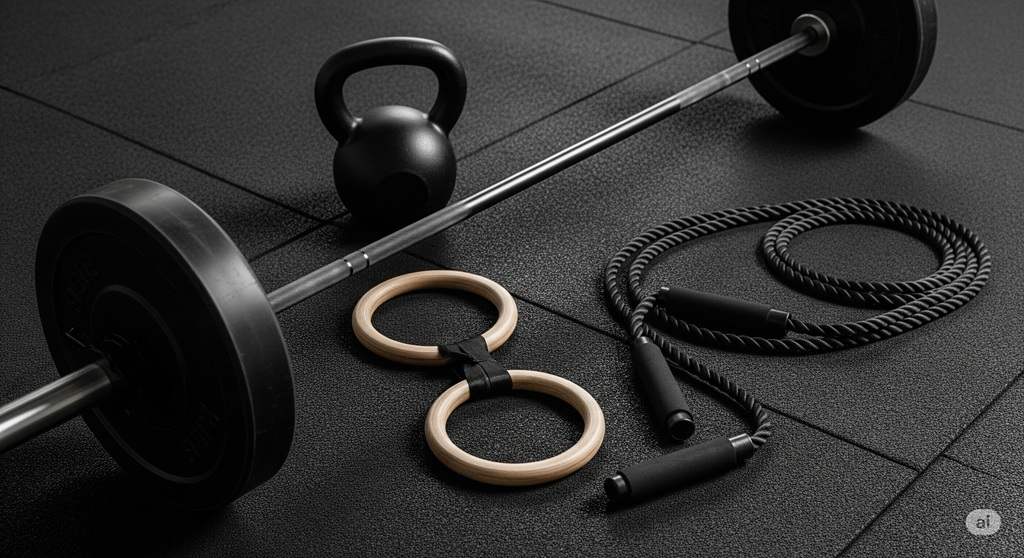 Typisches Equipment für das Crosstraining wie Langhantel und Kettlebell