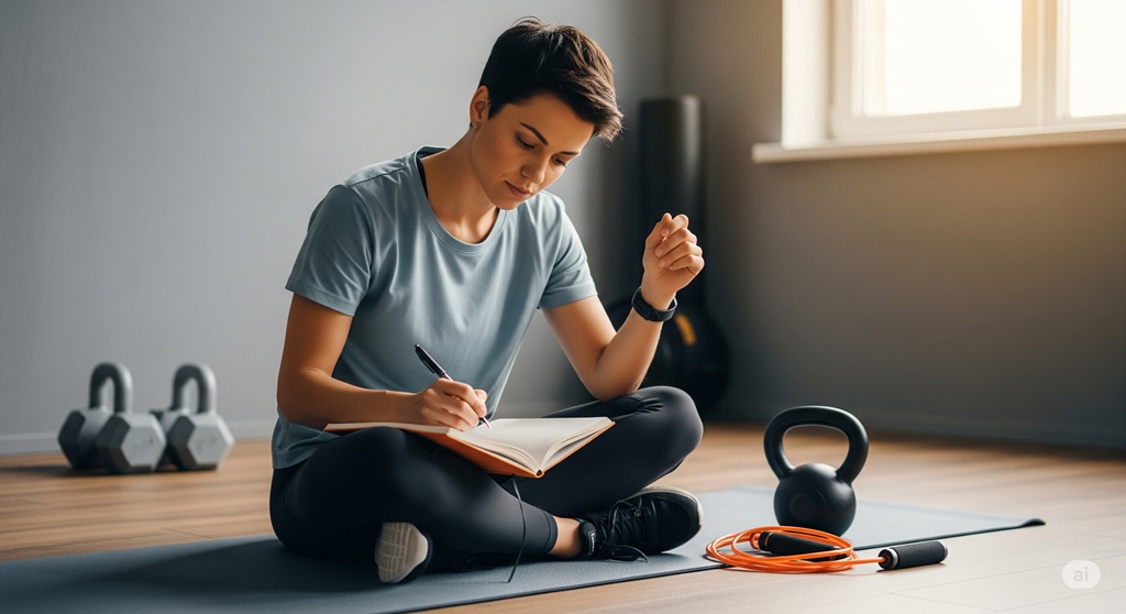 Athlet wertet seinen Crosstraining Trainingsplan in einem Notizbuch aus