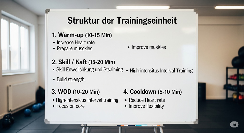 Whiteboard zeigt die vier Bausteine einer Crosstraining Trainingseinheit