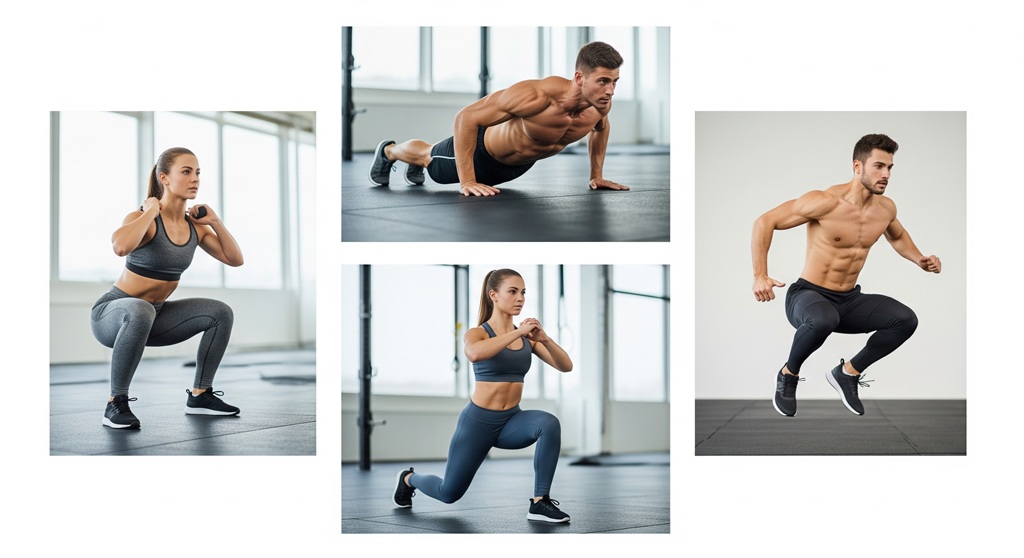 Collage mit den vier wichtigsten Crosstraining Übungen ohne Geräte