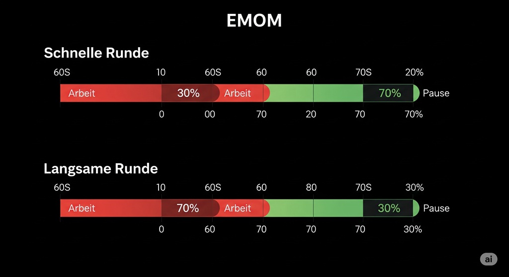 Infografik erklärt das Prinzip von Arbeit und Pause bei einem EMOM Workout