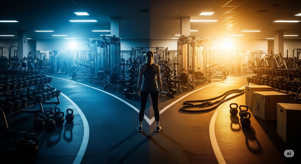 Athlet steht vor der Entscheidung zwischen klassischem Krafttraining und Crosstraining