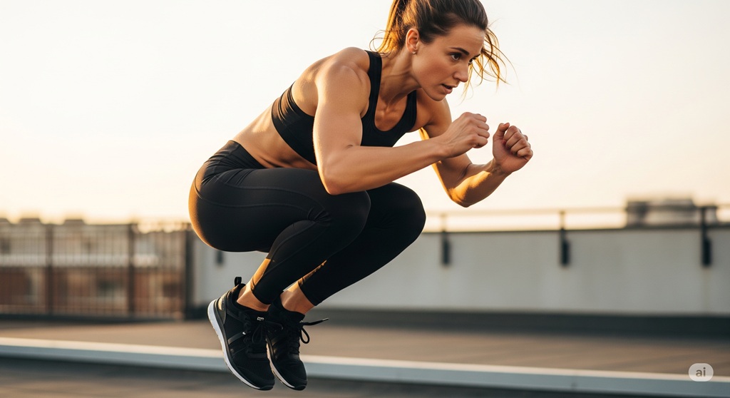 Frau macht einen Burpee als Teil ihres HIIT Workouts im Freien