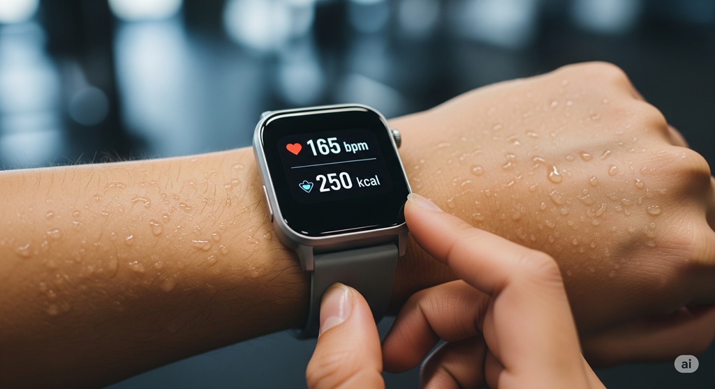 Smartwatch zeigt hohen Kalorienverbrauch und Herzfrequenz bei einem HIIT Workout
