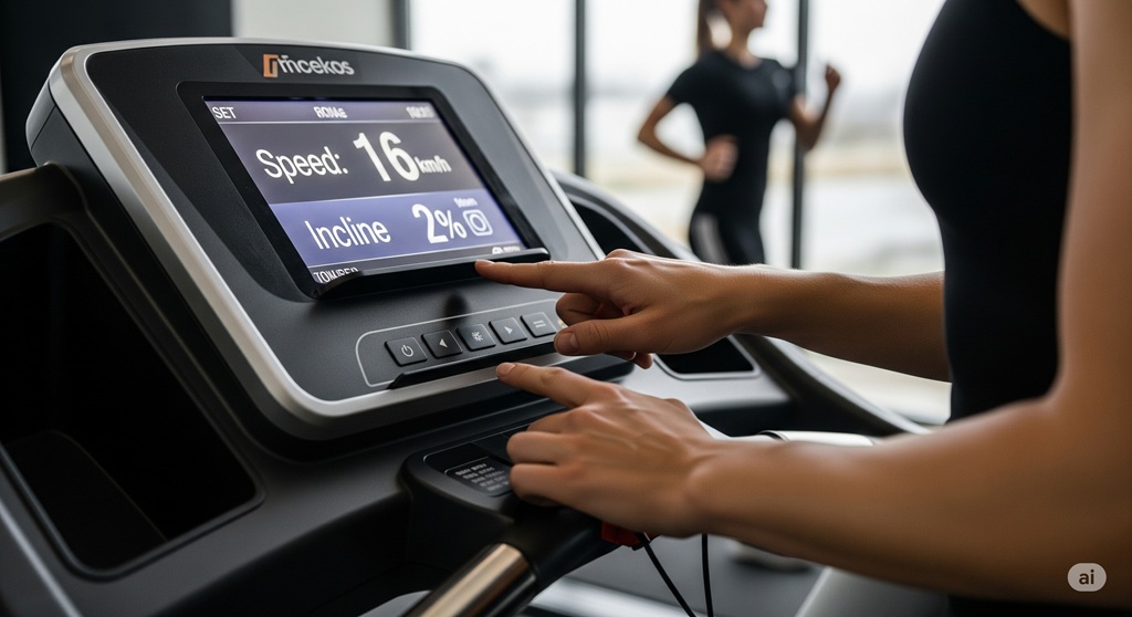 Person stellt Geschwindigkeit und Steigung für ein HIIT Training am Laufband ein