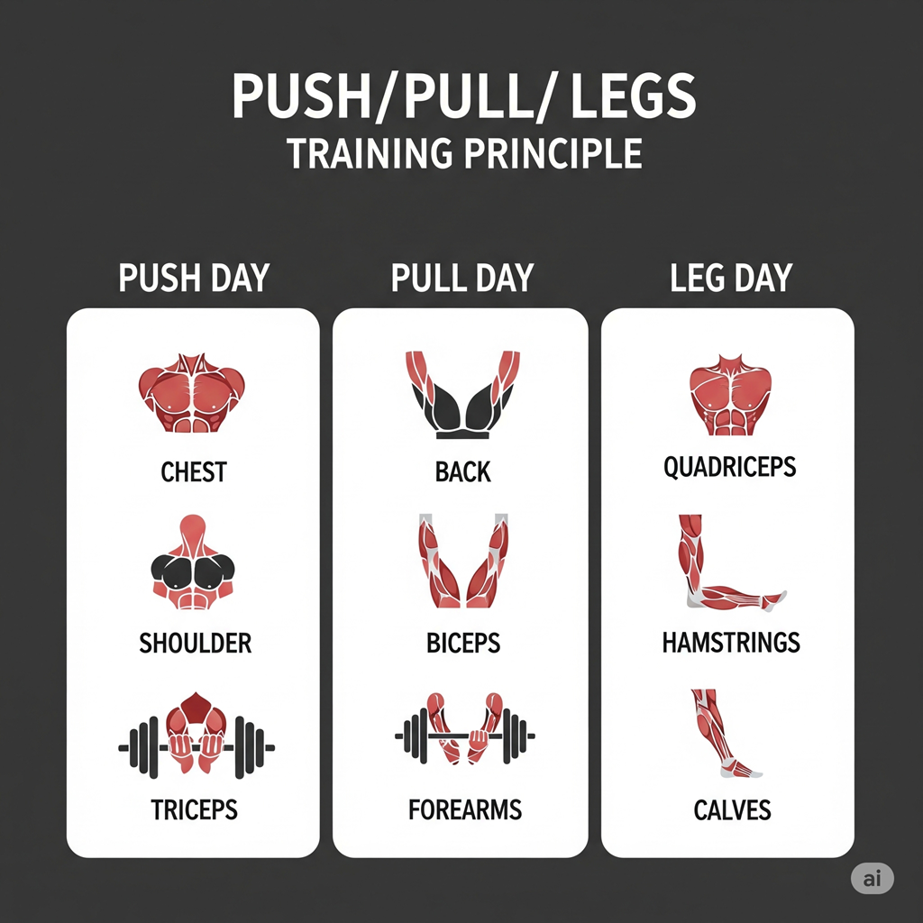 Octofit - Infografik zur Aufteilung eines 3er Split Trainingsplans in Push Pull Beine