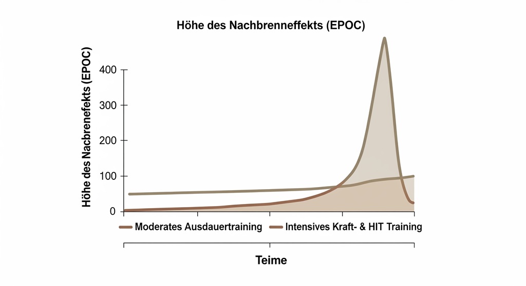 Grafik vergleicht die Höhe des Nachbrenneffekts bei moderatem und intensivem Training