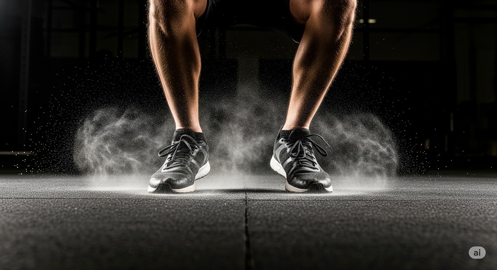 Athlet stößt sich kraftvoll vom Boden ab für einen Squat Jump
