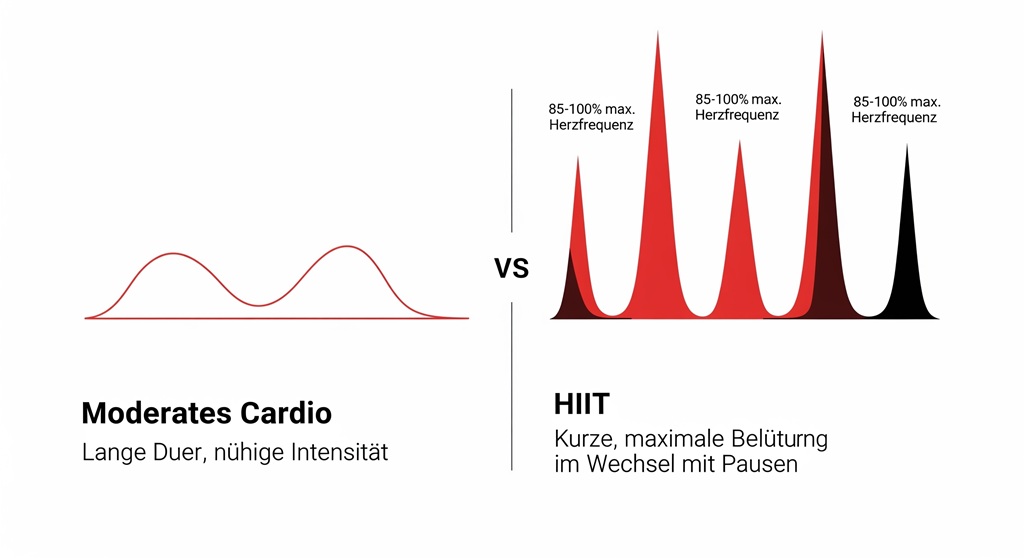 Infografik die den Unterschied zwischen moderatem Cardio und HIIT Training bei der Herzfrequenz zeigt