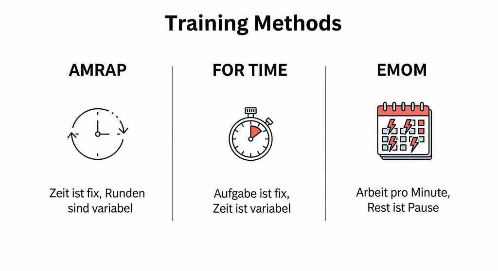 Infografik erklärt die WOD Typen AMRAP, For Time und EMOM