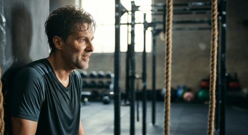 Eine Person lächelt erschöpft und zufrieden nach dem Crosstraining zum Abnehmen.