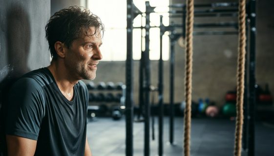 Eine Person lächelt erschöpft und zufrieden nach dem Crosstraining zum Abnehmen.