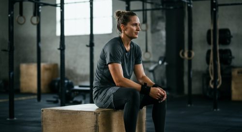 Sportler bei der aktiven Regeneration im Gym, sitzt entspannt auf einer Trainingsbox.