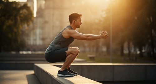 Athletischer Mann macht intensives Bodyweight Crosstraining in einem urbanen Park bei Sonnenaufgang.