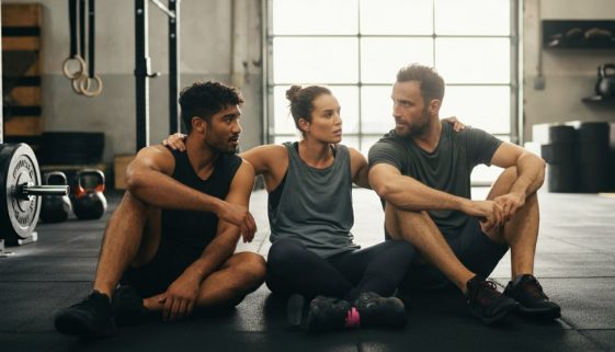 Drei erschöpfte, aber zufriedene Athleten – ein Beispiel für die Community Vorteile im Crosstraining.