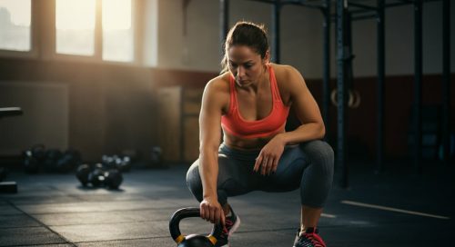 Frau betrachtet konzentriert eine Kettlebell, symbolisch für den Crosstraining Fakten-Check. Frau betrachtet konzentriert eine Kettlebell, symbolisch für den Crosstraining Fakten-Check.