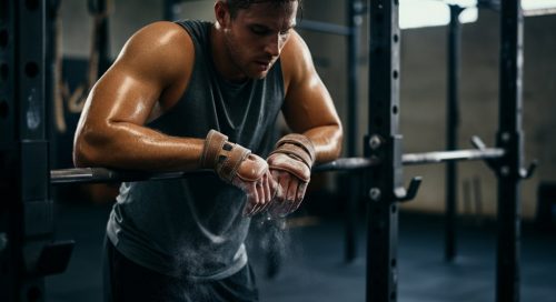 Erschöpfter Athlet blickt auf seine Hände, geschützt durch Crosstraining Handschuhe.