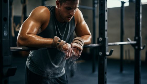 Erschöpfter Athlet blickt auf seine Hände, geschützt durch Crosstraining Handschuhe.