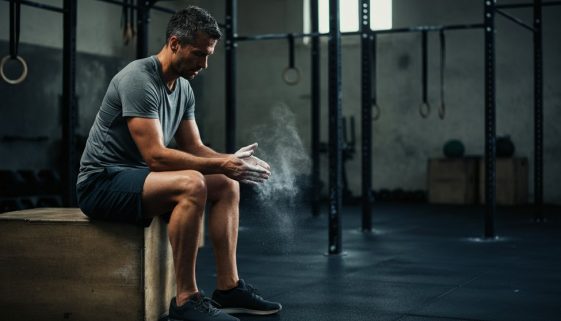 Athlet in einer Crossfit-Box sammelt Crosstraining Motivation vor dem Workout.