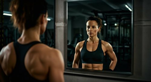 Eine Frau vor einem Zerrspiegel, der die gängigsten Crosstraining Mythen symbolisiert. Eine Frau vor einem Zerrspiegel, der die gängigsten Crosstraining Mythen symbolisiert.