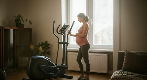 Eine glückliche, schwangere Frau beim sicheren Crosstraining in der Schwangerschaft. Eine glückliche, schwangere Frau beim sicheren Crosstraining in der Schwangerschaft.