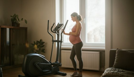 Eine glückliche, schwangere Frau beim sicheren Crosstraining in der Schwangerschaft.