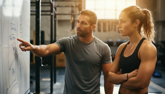 Eine Athletin bespricht mit ihrem Coach das Crosstraining Skalieren vor einem Whiteboard in einer Box.