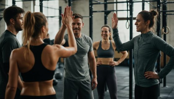 Eine diverse Gruppe von Menschen lacht nach dem Sport und widerlegt Crosstraining Vorurteile.