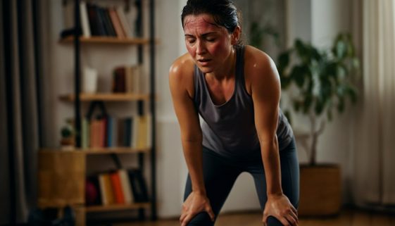 Eine Frau nach dem Crosstraining zuhause ohne Geräte, erschöpft und zufrieden.