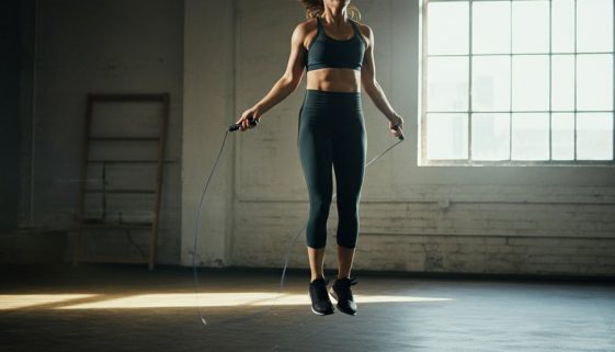 Eine Athletin in einer minimalistischen Halle konzentriert sich beim Double Unders lernen.