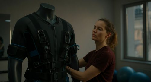 Nachdenkliche Person betrachtet einen Anzug für das EMS Training in einem Fitnessstudio.