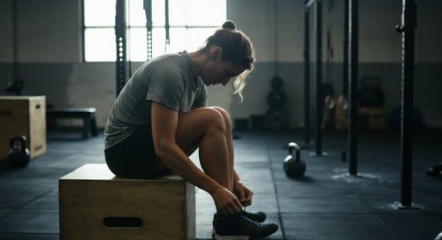 Fokussierte Person bindet ihre Schuhe vor der ersten Cross-Training Stunde in einer Gym-Box.