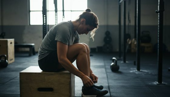Fokussierte Person bindet ihre Schuhe vor der ersten Cross-Training Stunde in einer Gym-Box.