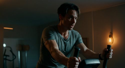 Nachdenkliche Person auf einem Crosstrainer, die mögliche Fehler im Crosstraining reflektiert. Nachdenkliche Person auf einem Crosstrainer, die mögliche Fehler im Crosstraining reflektiert.