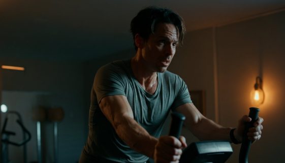 Nachdenkliche Person auf einem Crosstrainer, die mögliche Fehler im Crosstraining reflektiert.