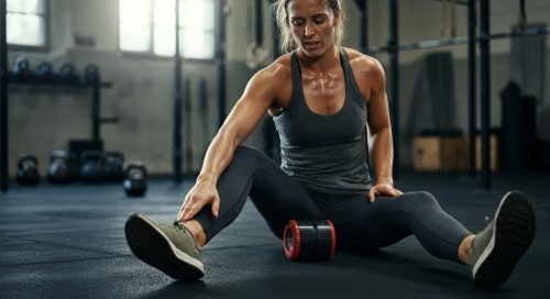 Athletin nutzt nach einem intensiven Workout Foam Rolling für die Oberschenkel in einer Crossfit Box. Athletin nutzt nach einem intensiven Workout Foam Rolling für die Oberschenkel in einer Crossfit Box.