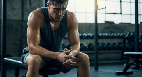 Erschöpfter Athlet nach einer Einheit German Volume Training, der auf einer Hantelbank sitzt.