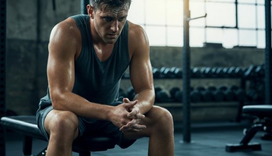 Erschöpfter Athlet nach einer Einheit German Volume Training, der auf einer Hantelbank sitzt.