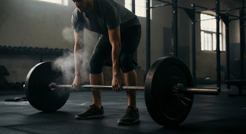 Fokussierte Person vor einer Langhantel, bereit für den Start des Grundübungen Trainingsplans. Fokussierte Person vor einer Langhantel, bereit für den Start des Grundübungen Trainingsplans.