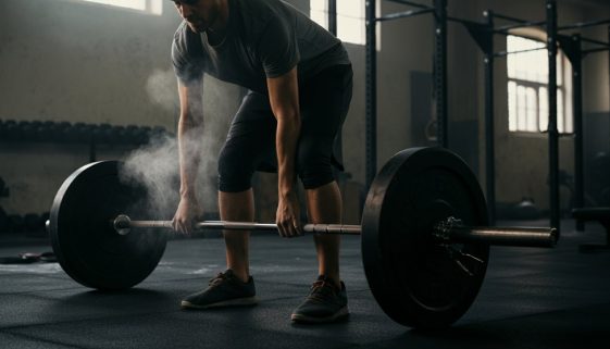 Fokussierte Person vor einer Langhantel, bereit für den Start des Grundübungen Trainingsplans.