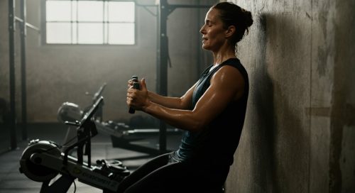 Erschöpfter, aber zufriedener Athlet nach einem intensiven HIIT am SkiErg in einer CrossFit Box.