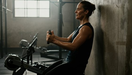 Erschöpfter, aber zufriedener Athlet nach einem intensiven HIIT am SkiErg in einer CrossFit Box.