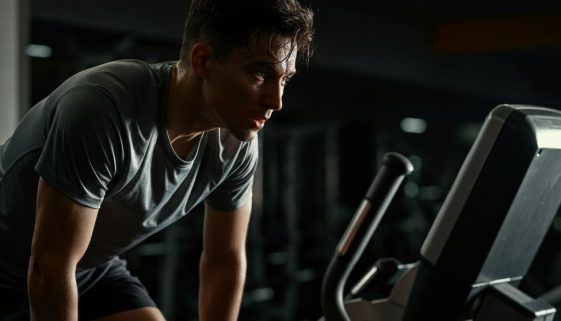 Athletische Person nach einem intensiven HIIT auf dem Stairmaster, die erschöpft, aber zufrieden ist.