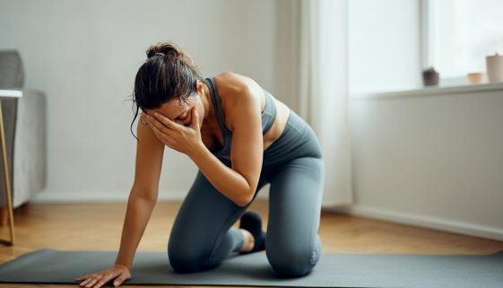 Eine Frau macht nach anstrengenden HIIT Core Übungen eine kurze Pause auf ihrer Matte und blickt zufrieden.